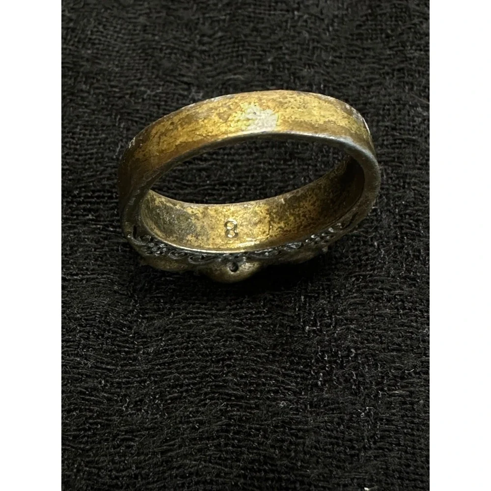 Three Stone Ring Womens Size 9 Green Teal Antiqued Gold Tone Vintage Style